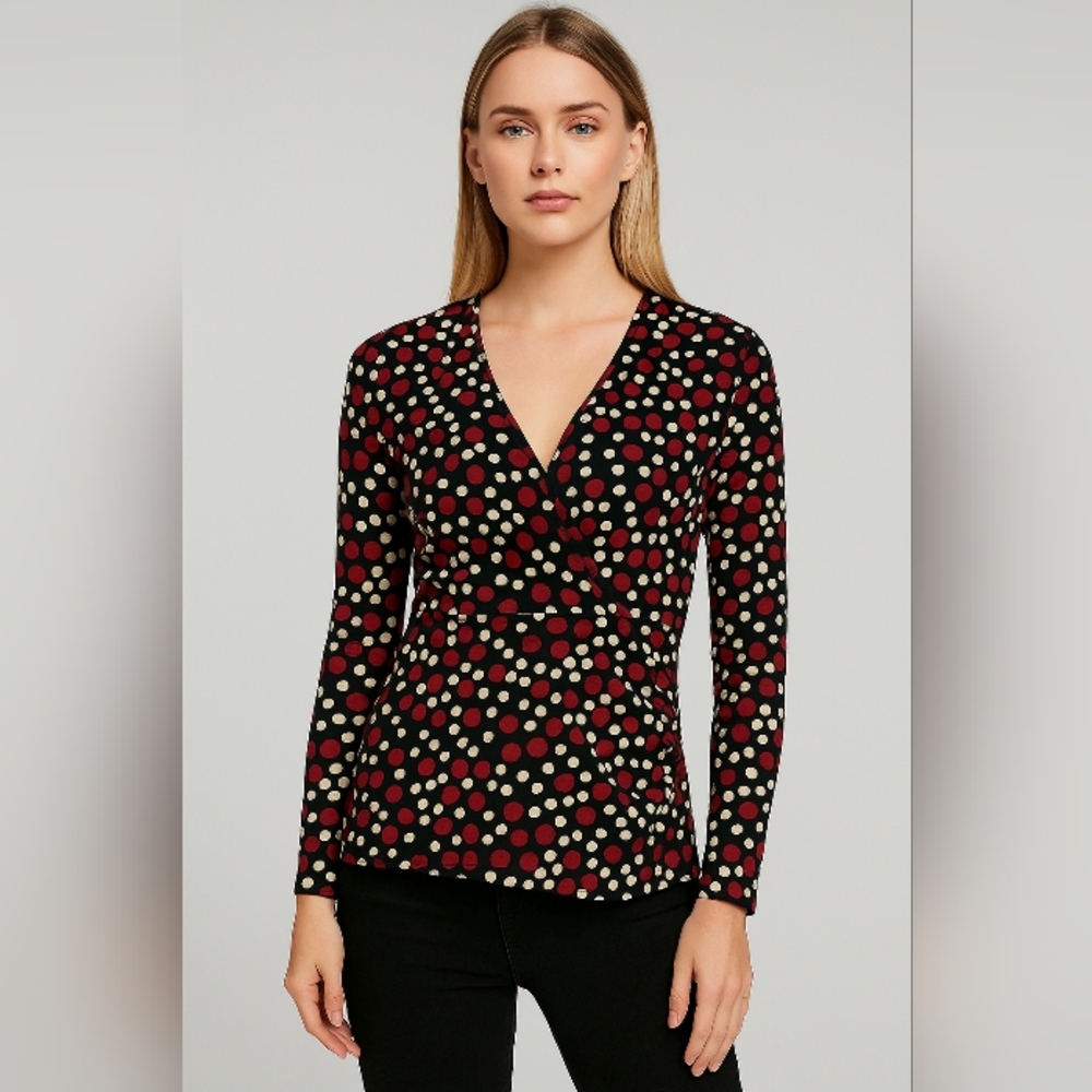 Polka Dot V-Neck Faux Wrap Y2k Blouse Small 90's